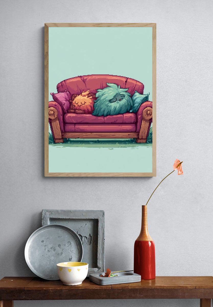 Cozy Couch Cats Illustration Poster. — room view 3