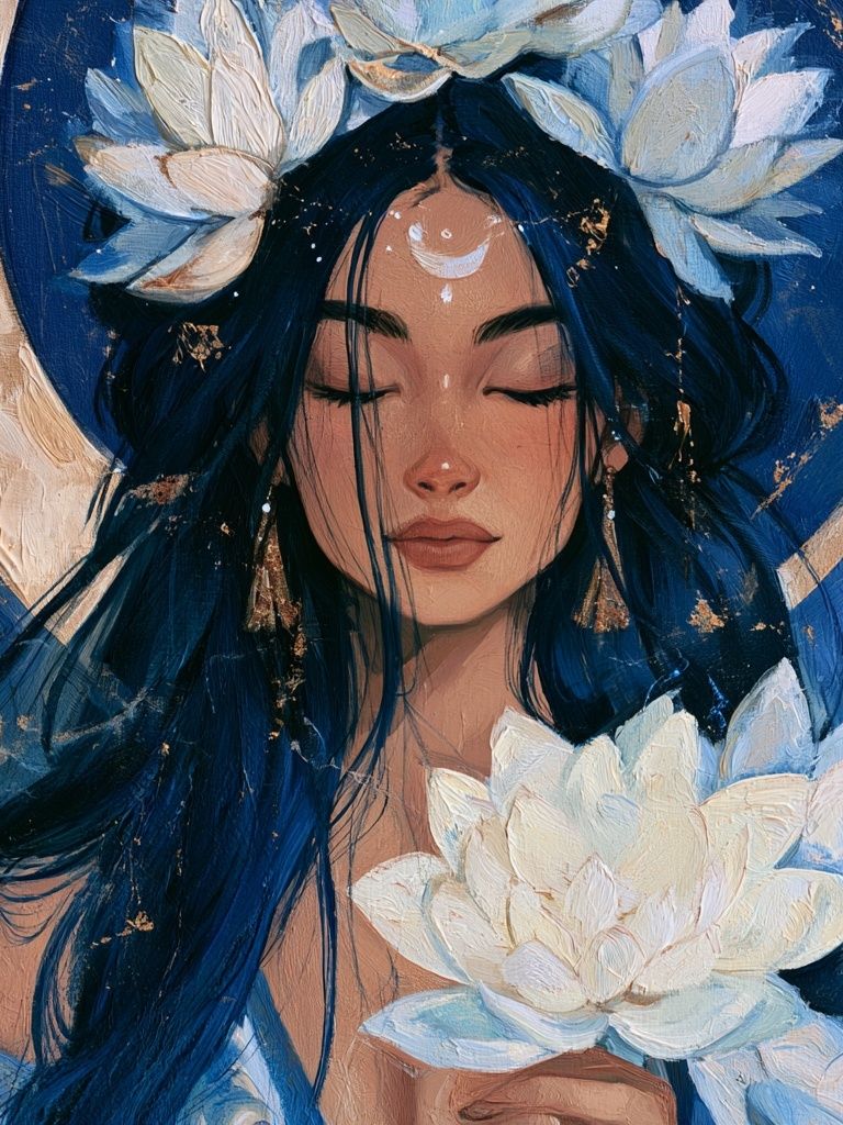 Moonlit Lotus Woman Illustration Poster. poster detail