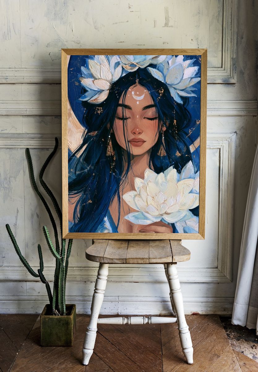 Moonlit Lotus Woman Illustration Poster. — room view 1