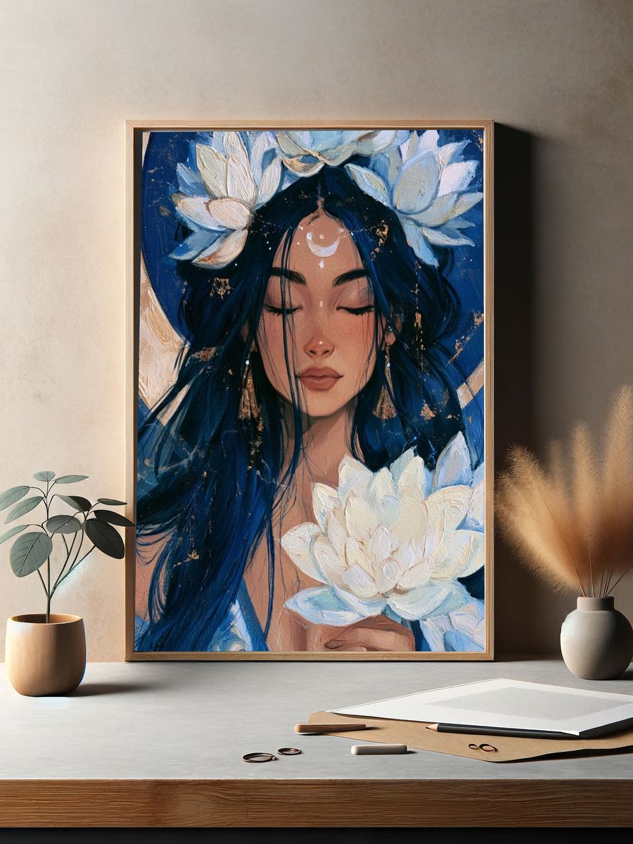 Moonlit Lotus Woman Illustration Poster. — room view 2