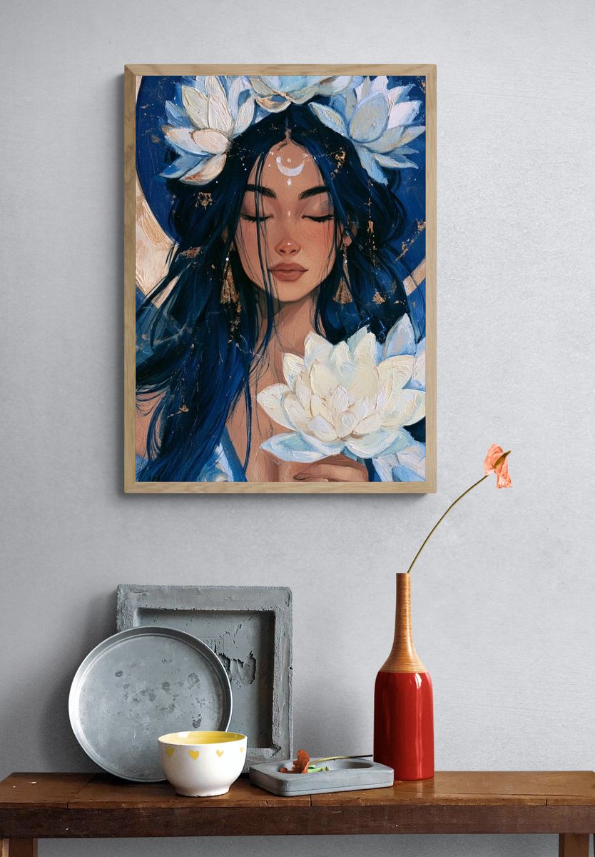Moonlit Lotus Woman Illustration Poster. — room view 3