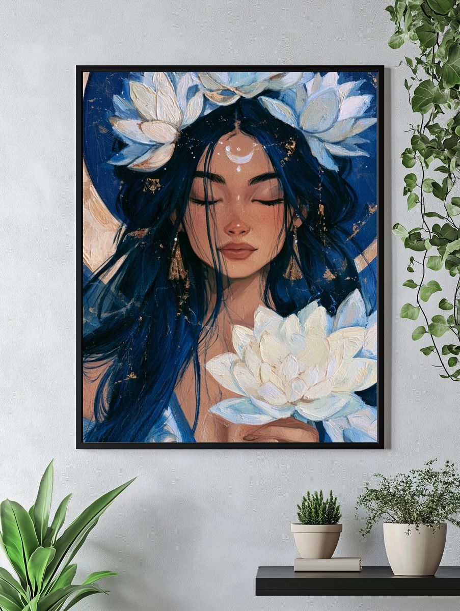 Moonlit Lotus Woman Illustration Poster. — room view 4