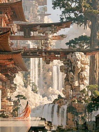 Floating Temple Waterfall Fantasy Print. poster detail