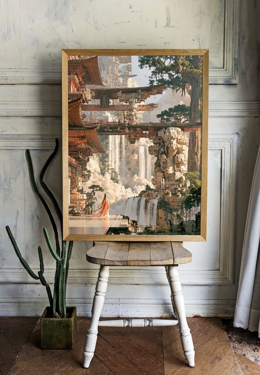 Floating Temple Waterfall Fantasy Print. — room view 1