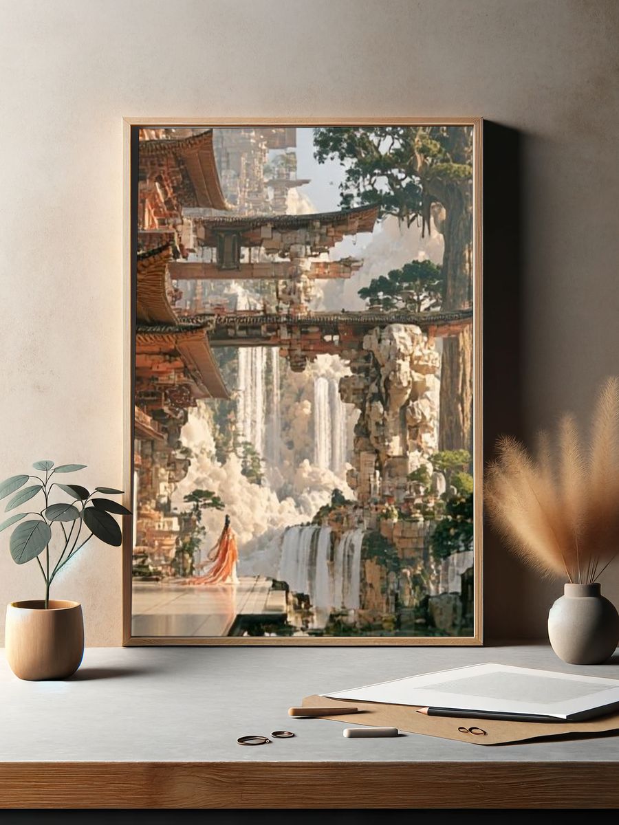 Floating Temple Waterfall Fantasy Print. — room view 2