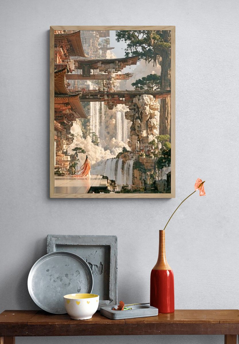 Floating Temple Waterfall Fantasy Print. — room view 3