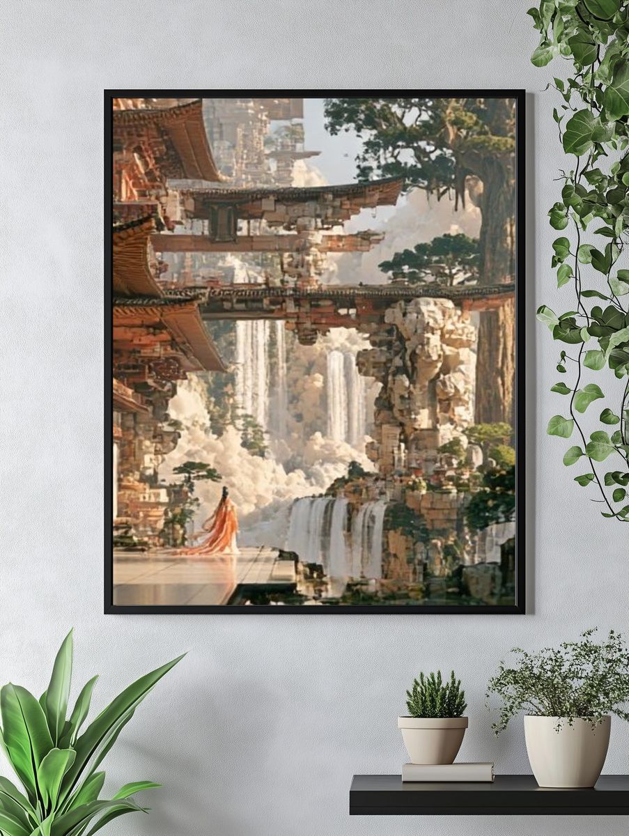 Floating Temple Waterfall Fantasy Print. — room view 4