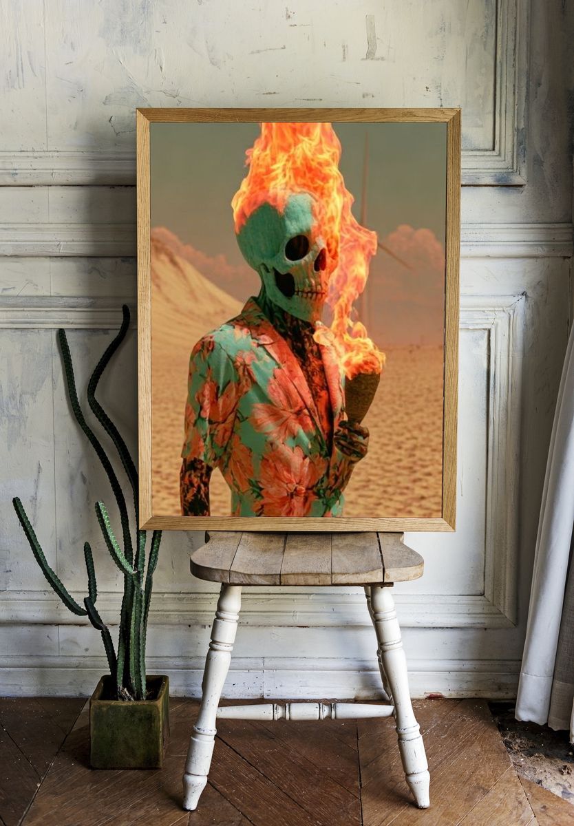 Flaming Skull Desert Surrealism Print. room preview