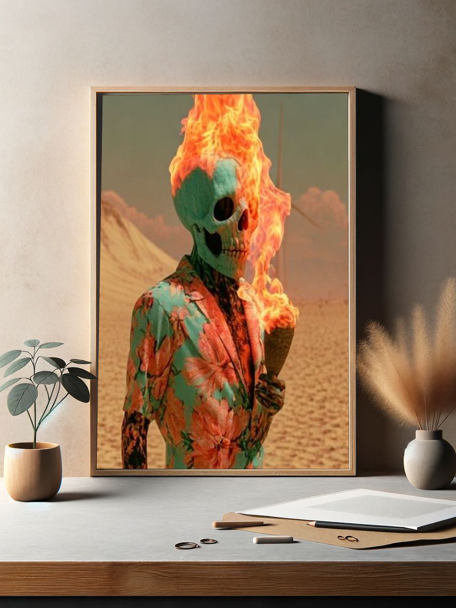 Flaming Skull Desert Surrealism Print. — room view 2
