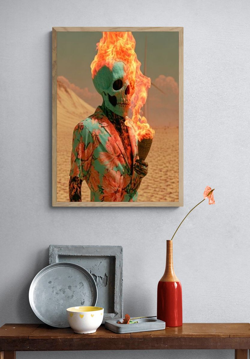 Flaming Skull Desert Surrealism Print. — room view 3