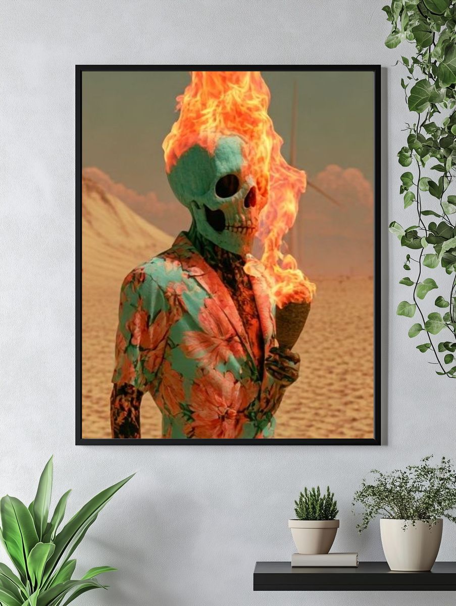 Flaming Skull Desert Surrealism Print. — room view 4