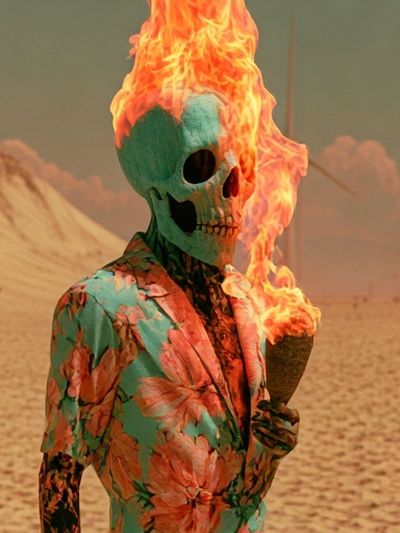 Flaming Skull Desert Surrealism Print. poster
