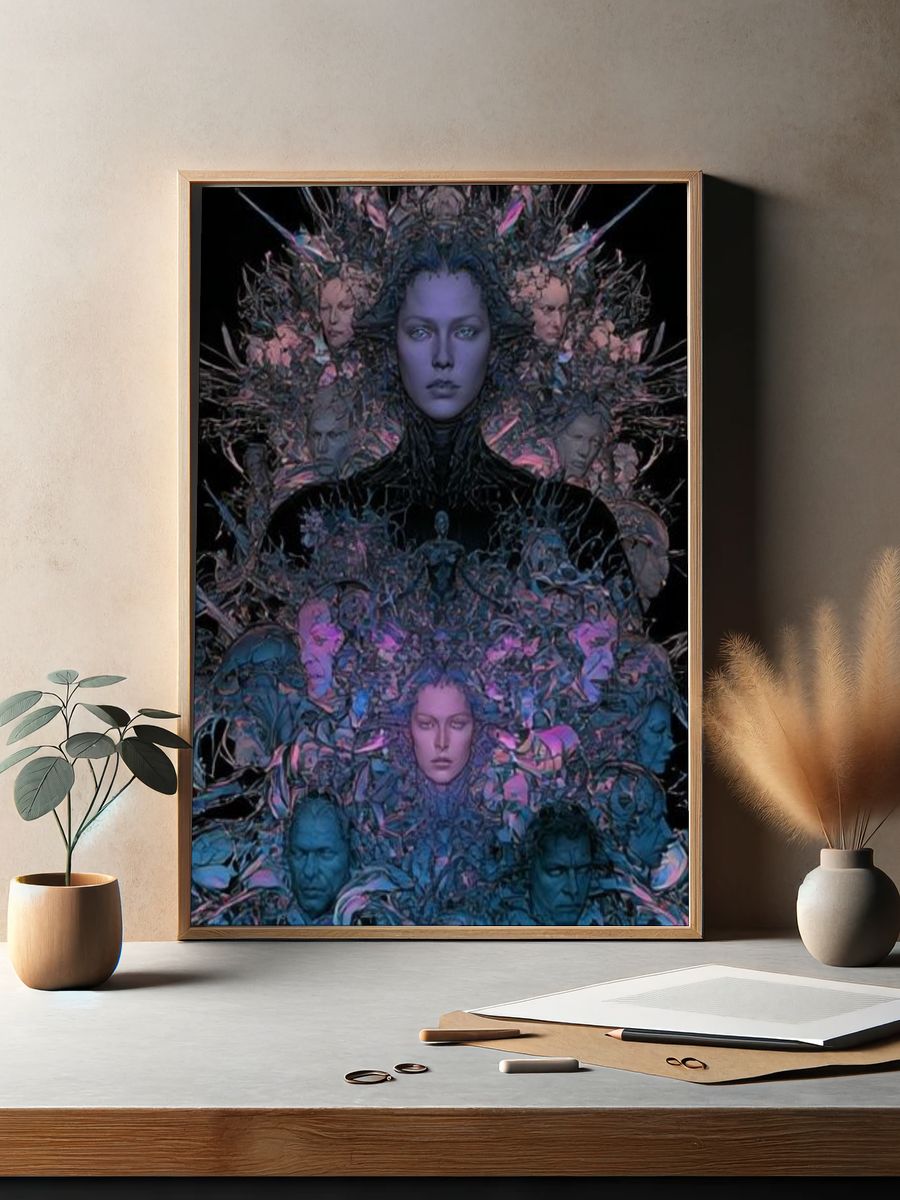 Surreal Neon Faces Illustration Poster. — room view 2