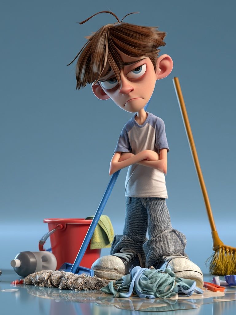 Grumpy Boy Cleaning Scene Poster. poster — illustration art