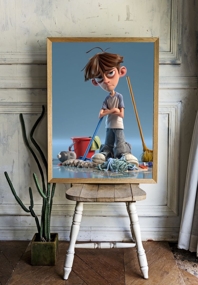 Grumpy Boy Cleaning Scene Poster. — room view 1