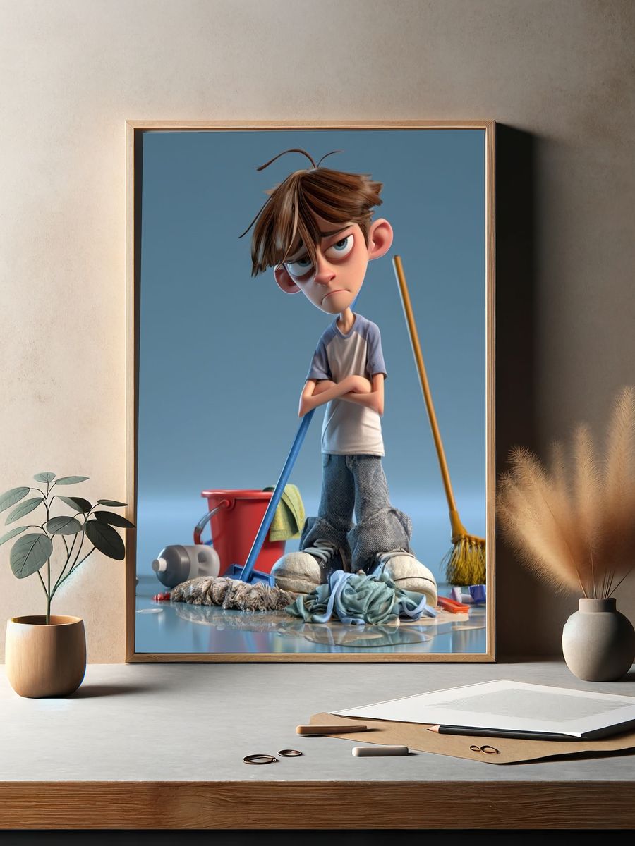 Grumpy Boy Cleaning Scene Poster. — room view 2