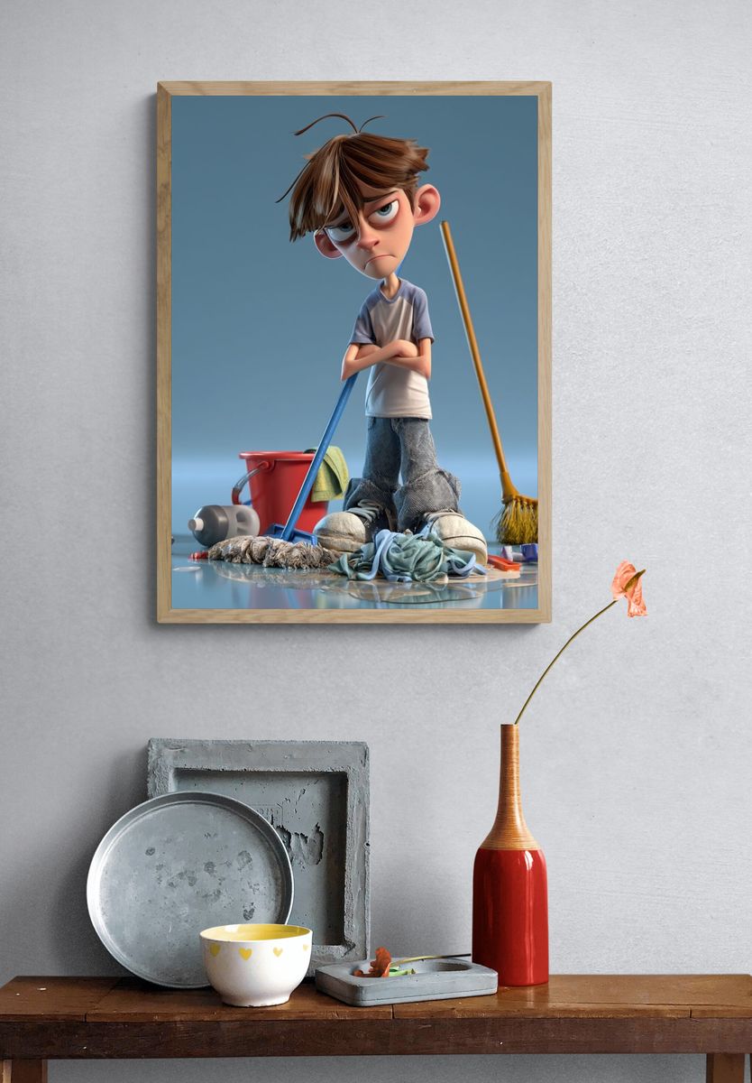 Grumpy Boy Cleaning Scene Poster. — room view 3