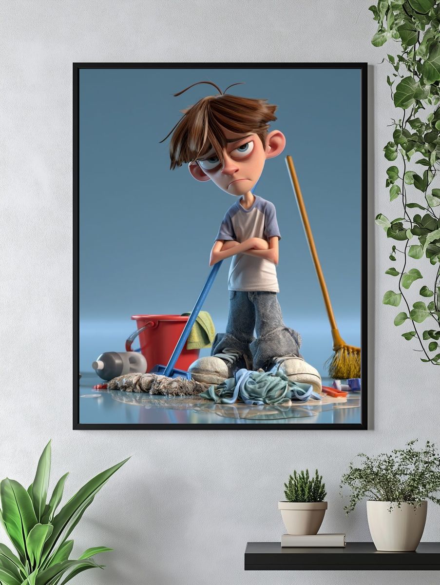 Grumpy Boy Cleaning Scene Poster. — room view 4