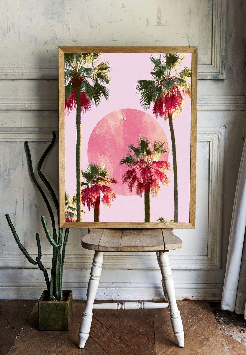 Pink Palm Sunset Illustration Poster. room preview