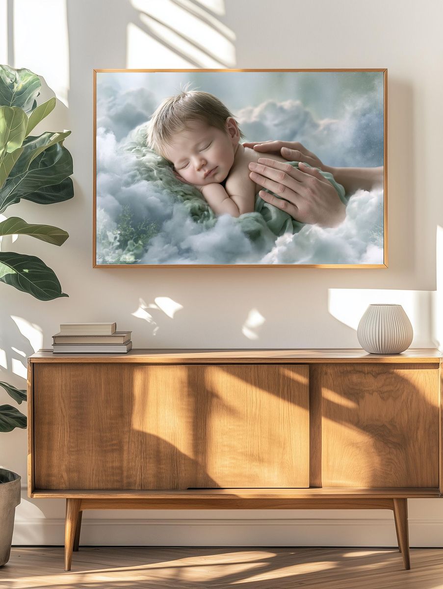 Sleeping Baby in Clouds Illustration Poster. — room view 3