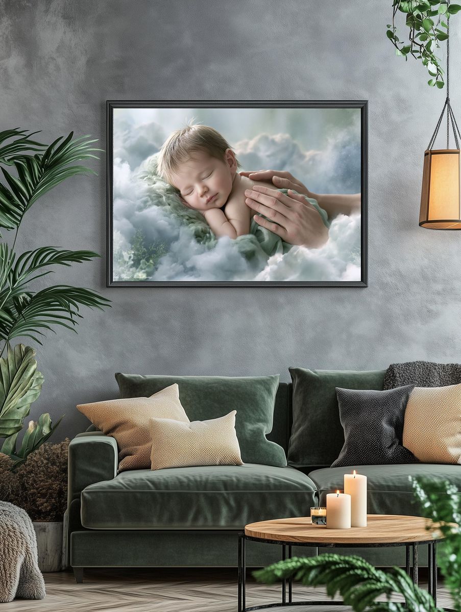 Sleeping Baby in Clouds Illustration Poster. — room view 4