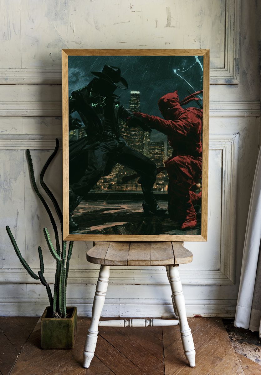 Masked Duel at Night — Illustration Print. room preview