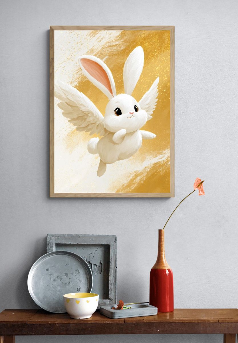 Flying Bunny Illustration Poster. — room view 3
