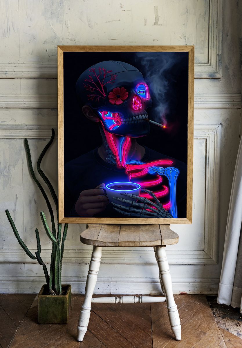 Neon Skull Smoke Illustration Poster. — room view 1