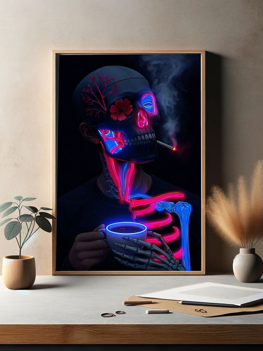 Neon Skull Smoke Illustration Poster. — room view 2
