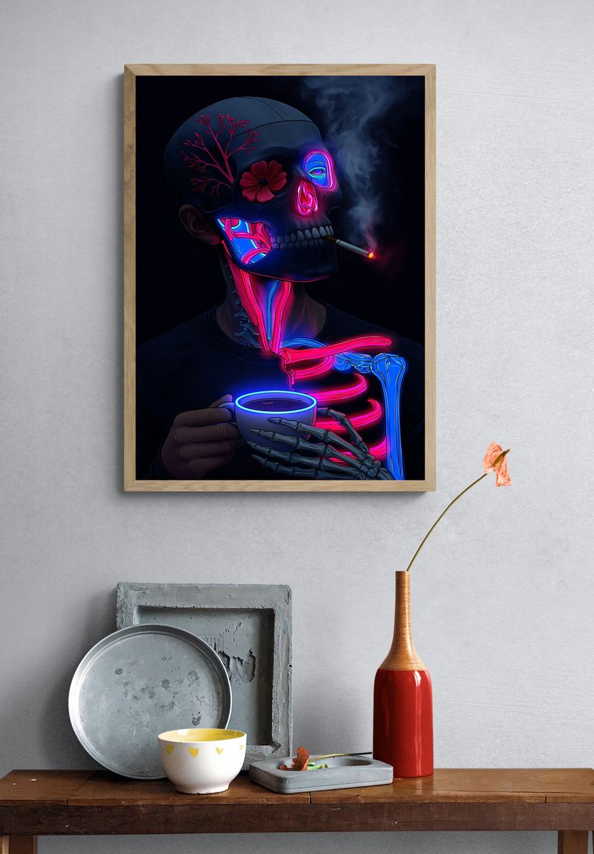 Neon Skull Smoke Illustration Poster. — room view 3
