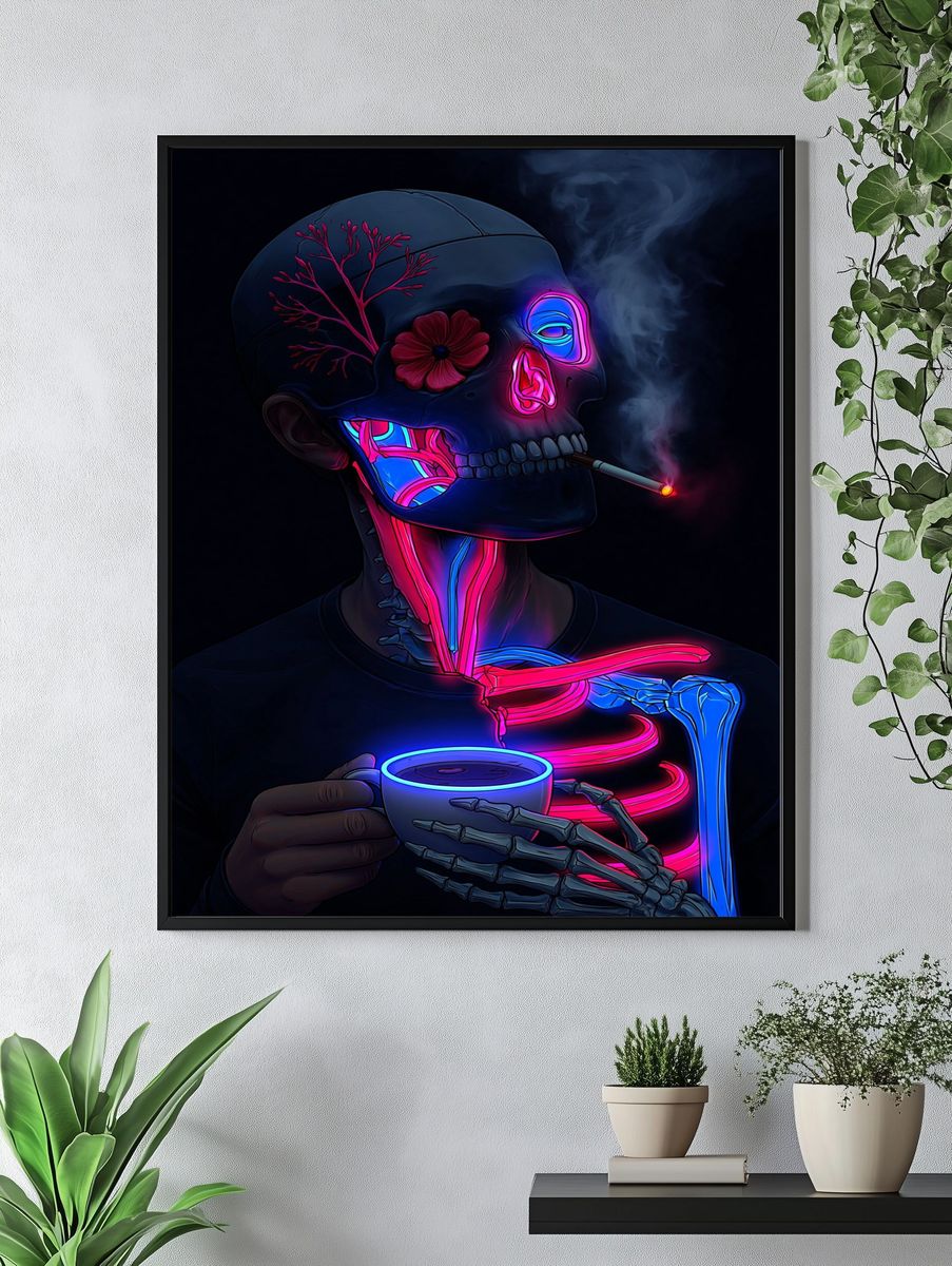 Neon Skull Smoke Illustration Poster. — room view 4
