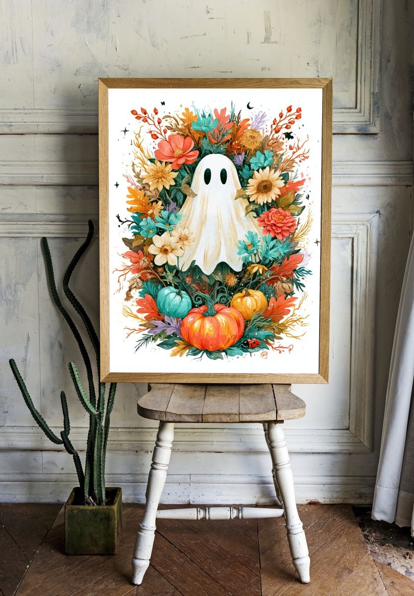Ghost and Flowers Illustration Poster. — room view 1