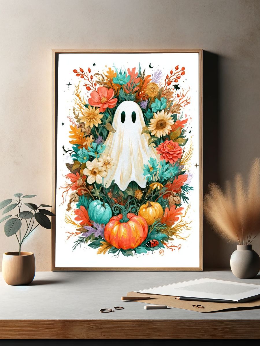Ghost and Flowers Illustration Poster. — room view 2