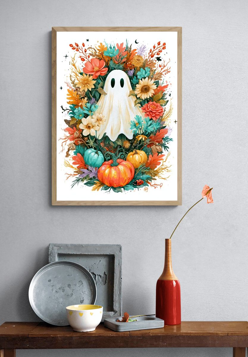 Ghost and Flowers Illustration Poster. — room view 3