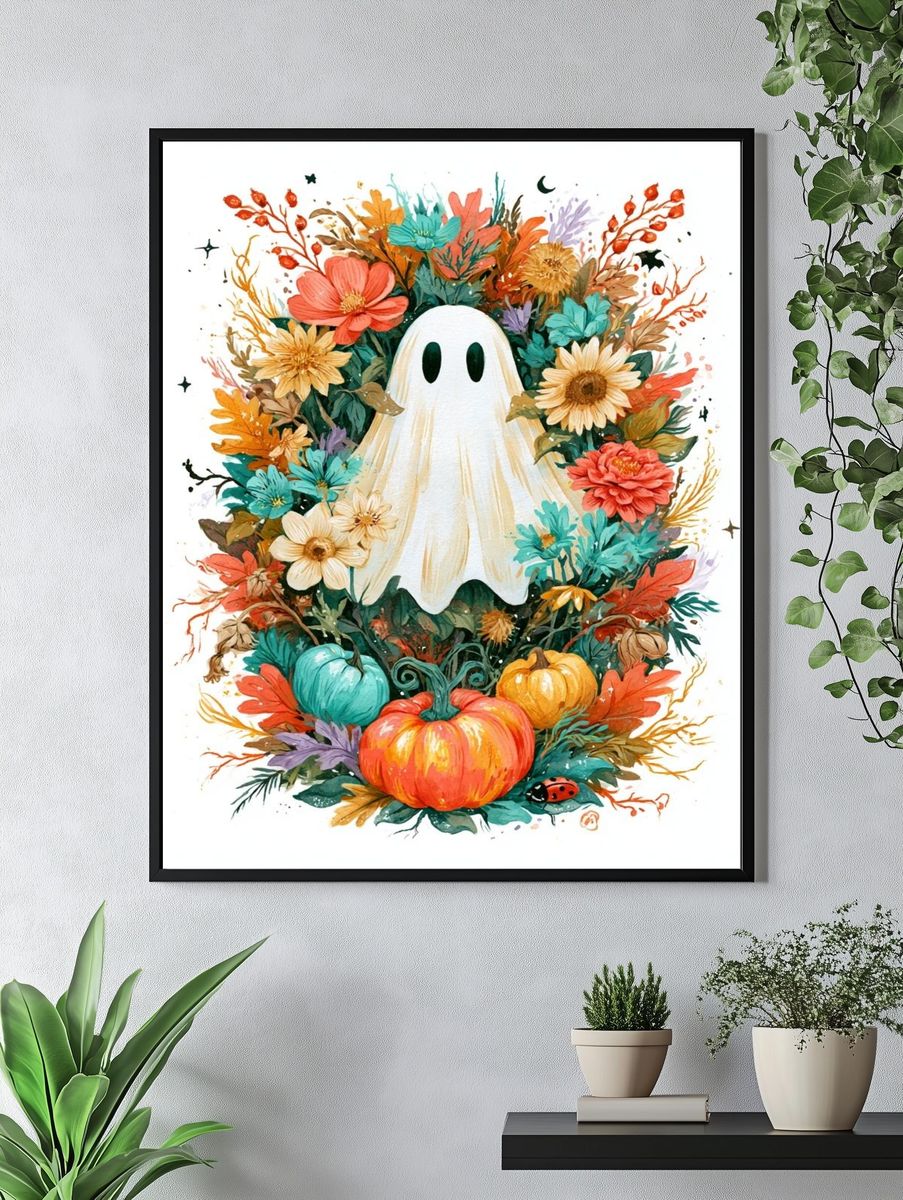 Ghost and Flowers Illustration Poster. — room view 4