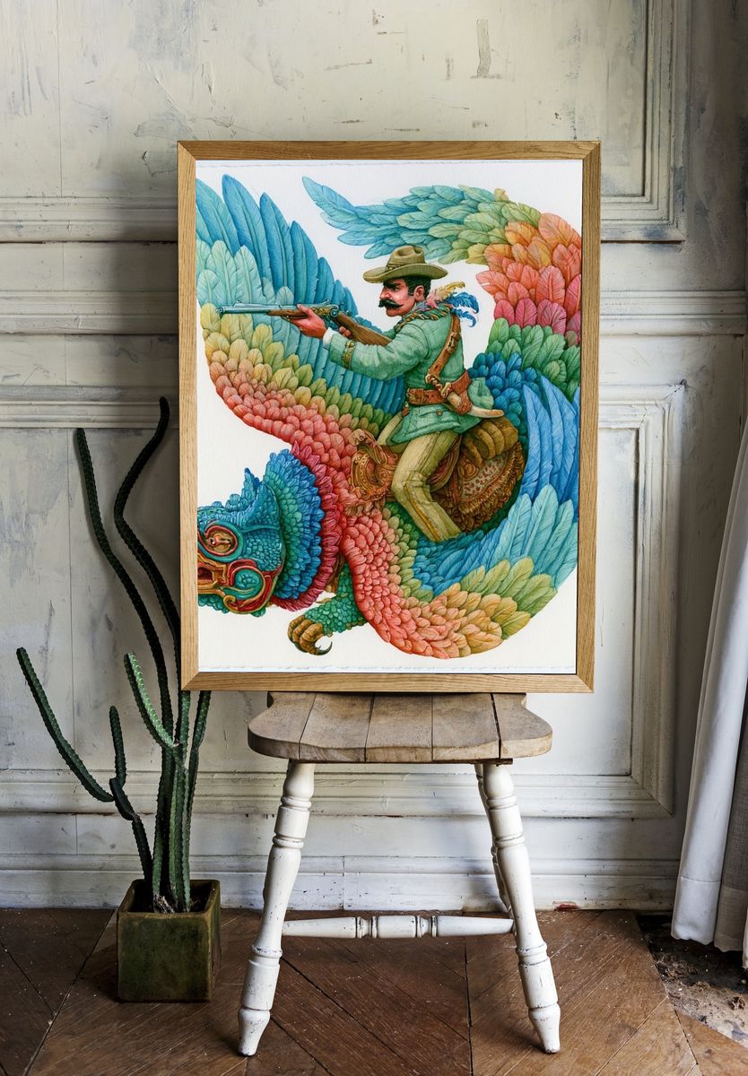 Colorful Rider on Mythic Bird Print. — room view 1