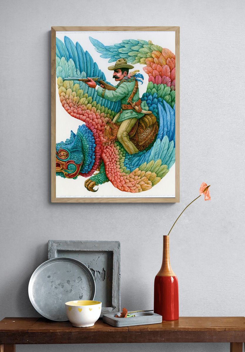Colorful Rider on Mythic Bird Print. — room view 3