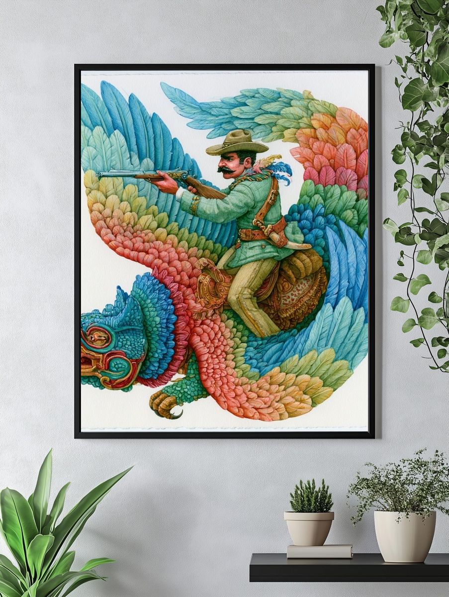 Colorful Rider on Mythic Bird Print. — room view 4