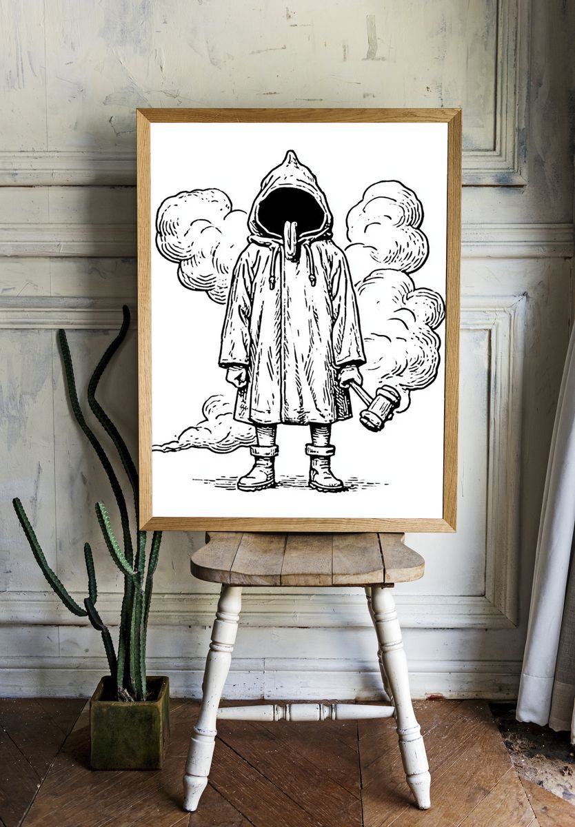 Hooded Figure Ink Print. room preview