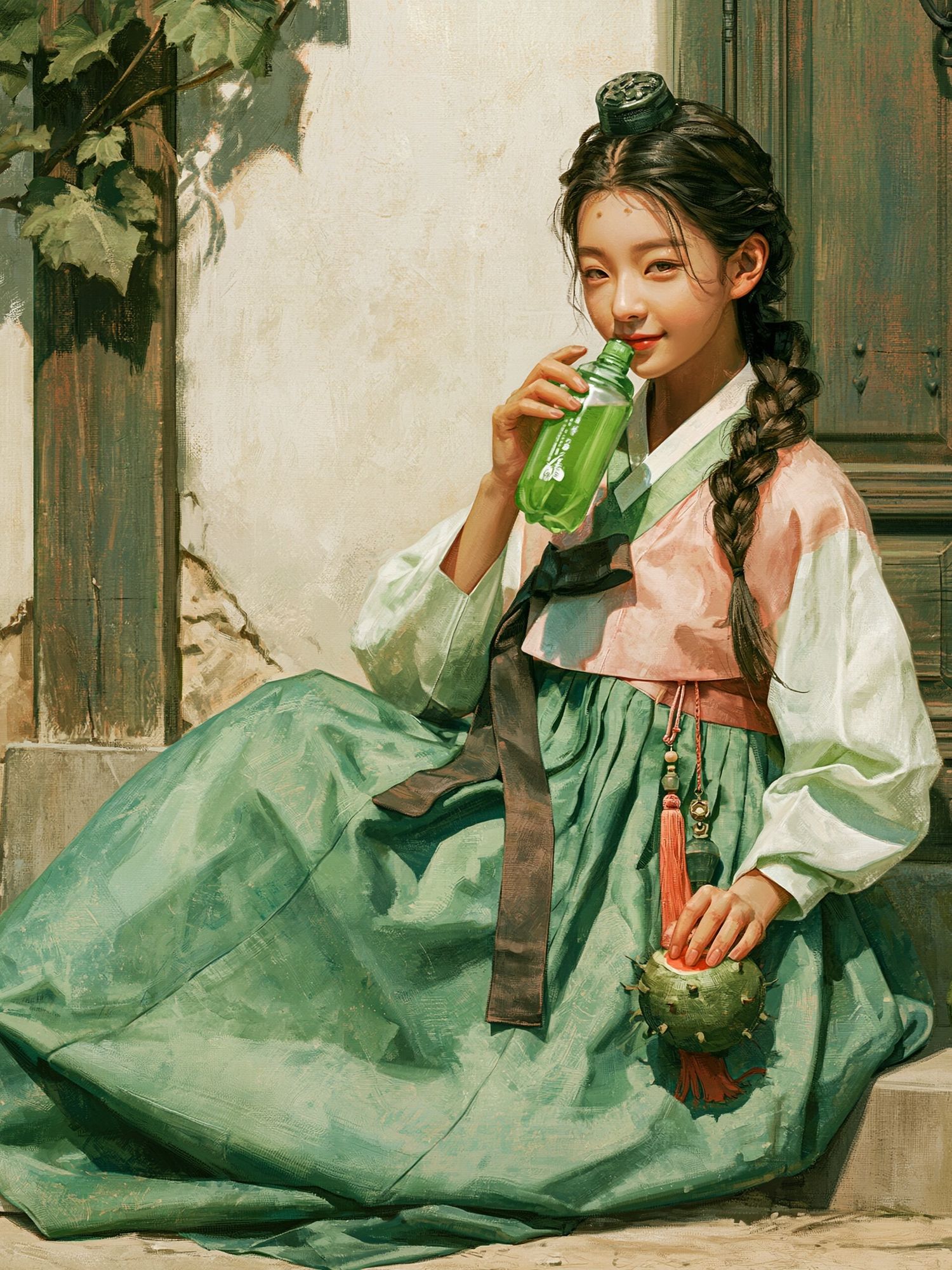 Hanbok Girl with Green Bottle Print. poster — illustration art