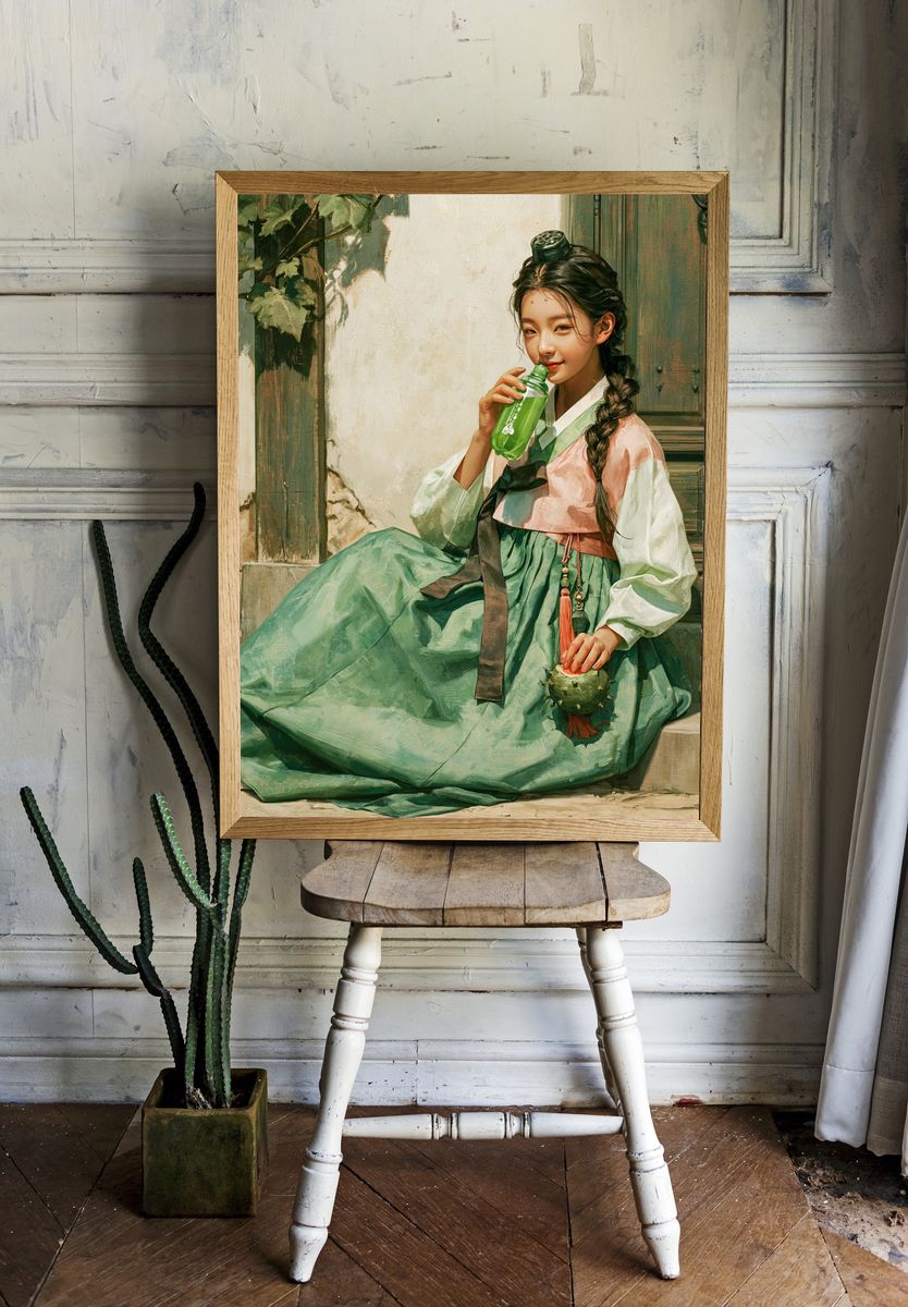 Hanbok Girl with Green Bottle Print. room preview