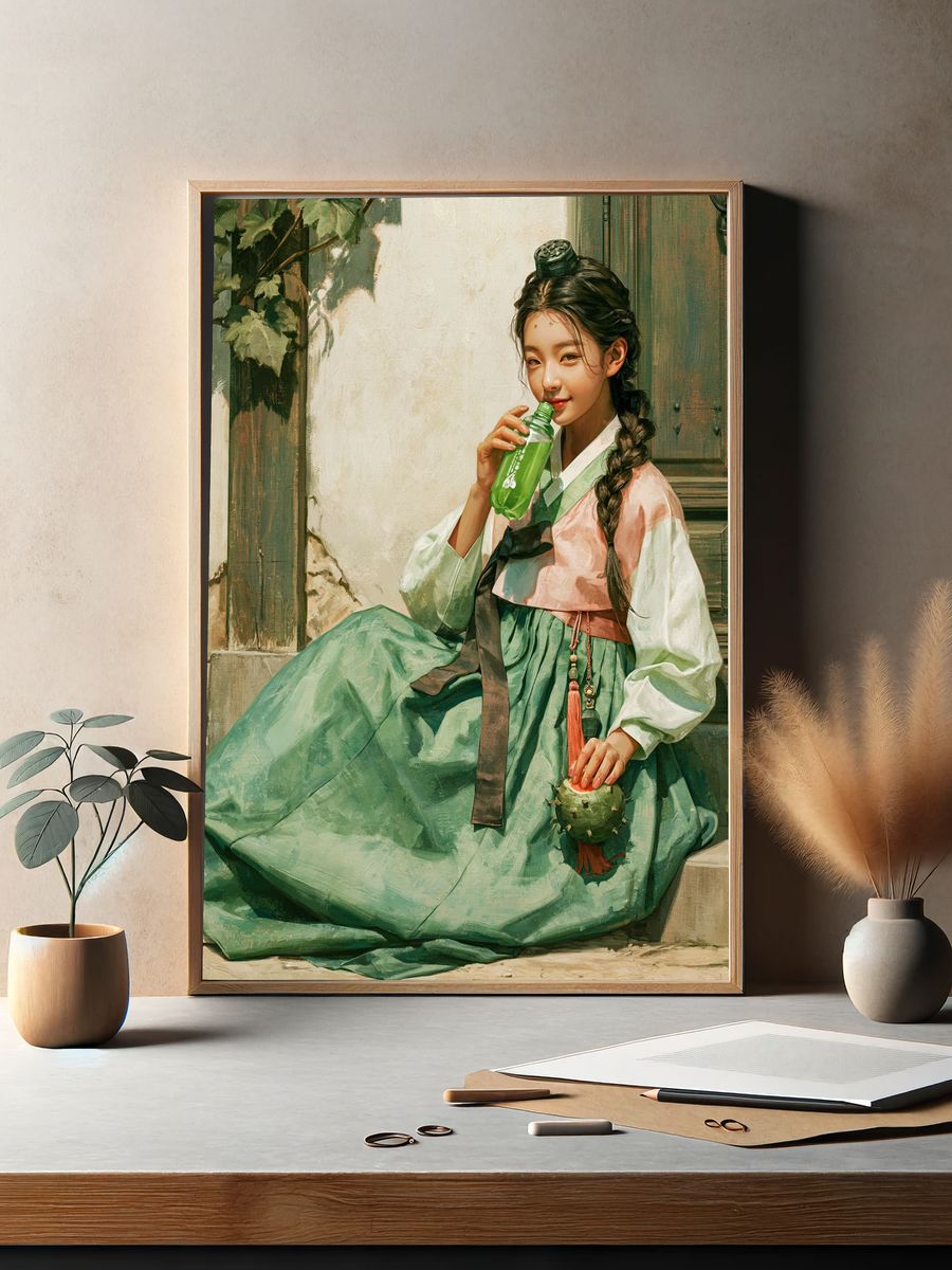 Hanbok Girl with Green Bottle Print. — room view 2