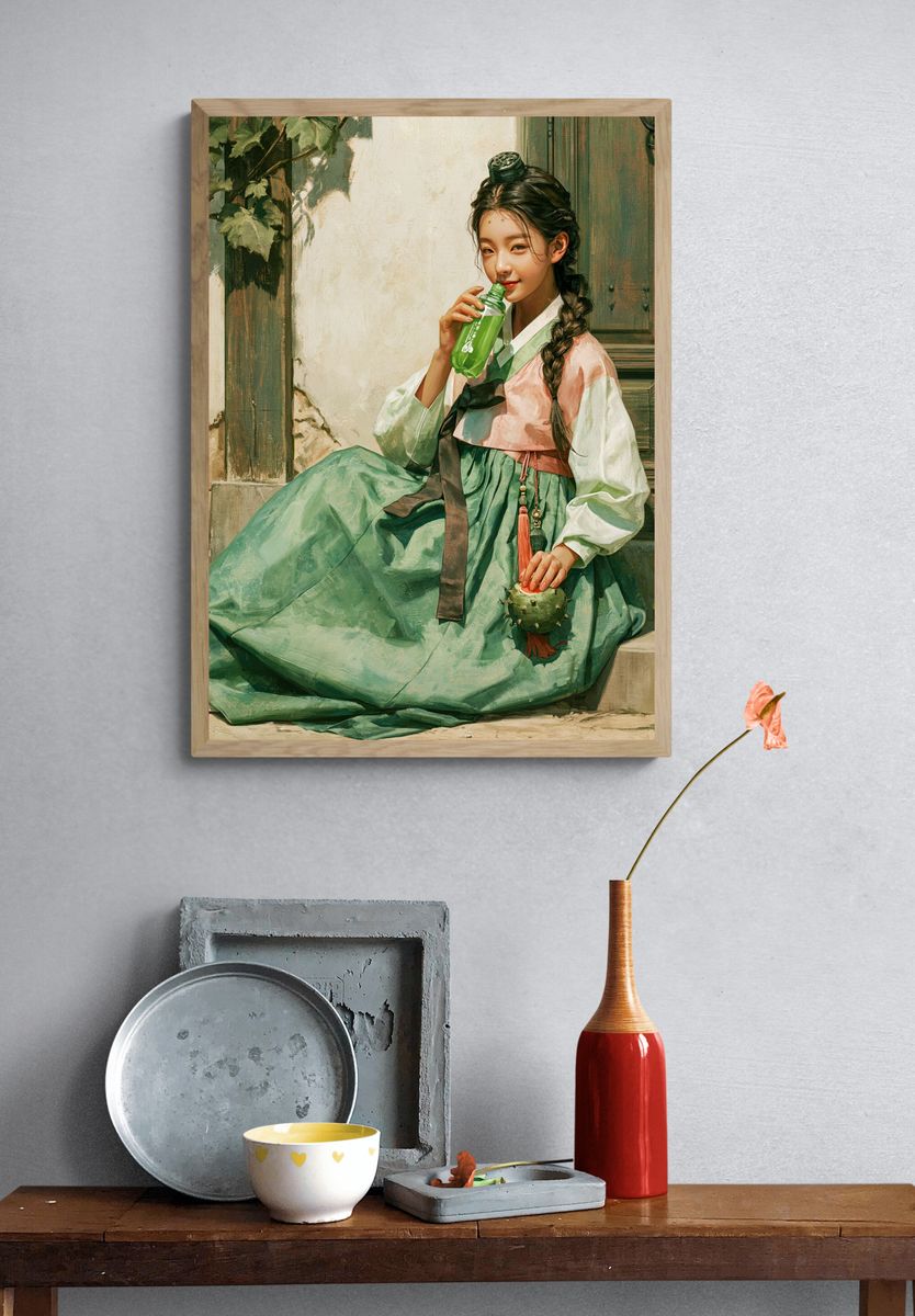 Hanbok Girl with Green Bottle Print. — room view 3
