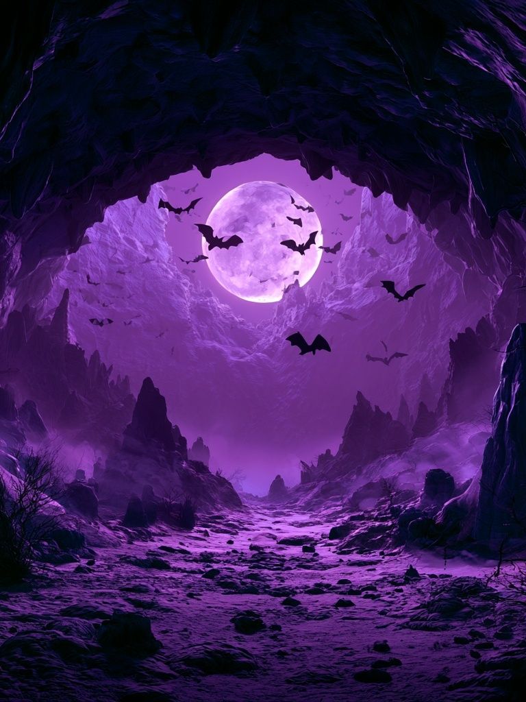 Moonlit Bat Cave Fantasy Print. poster detail
