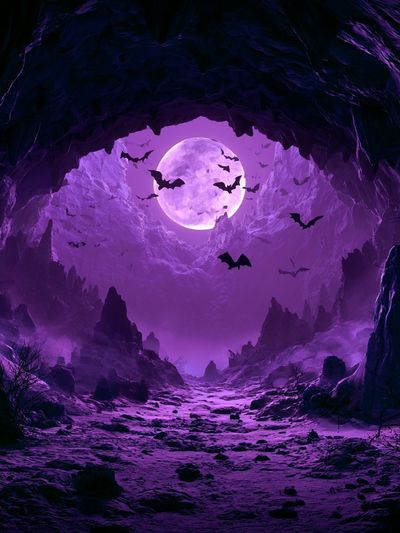 Moonlit Bat Cave Fantasy Print. poster
