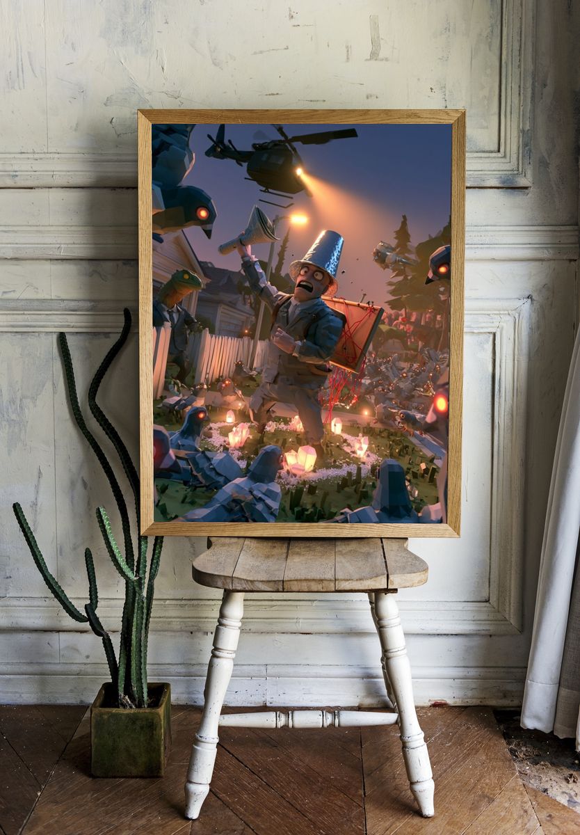 Surreal Bird Attack Illustration Poster. — room view 1