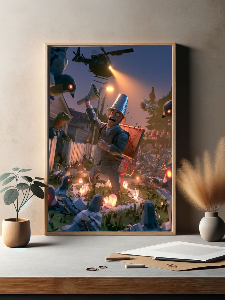 Surreal Bird Attack Illustration Poster. — room view 2