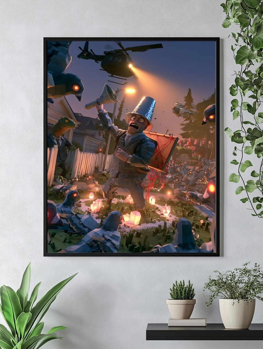 Surreal Bird Attack Illustration Poster. — room view 4