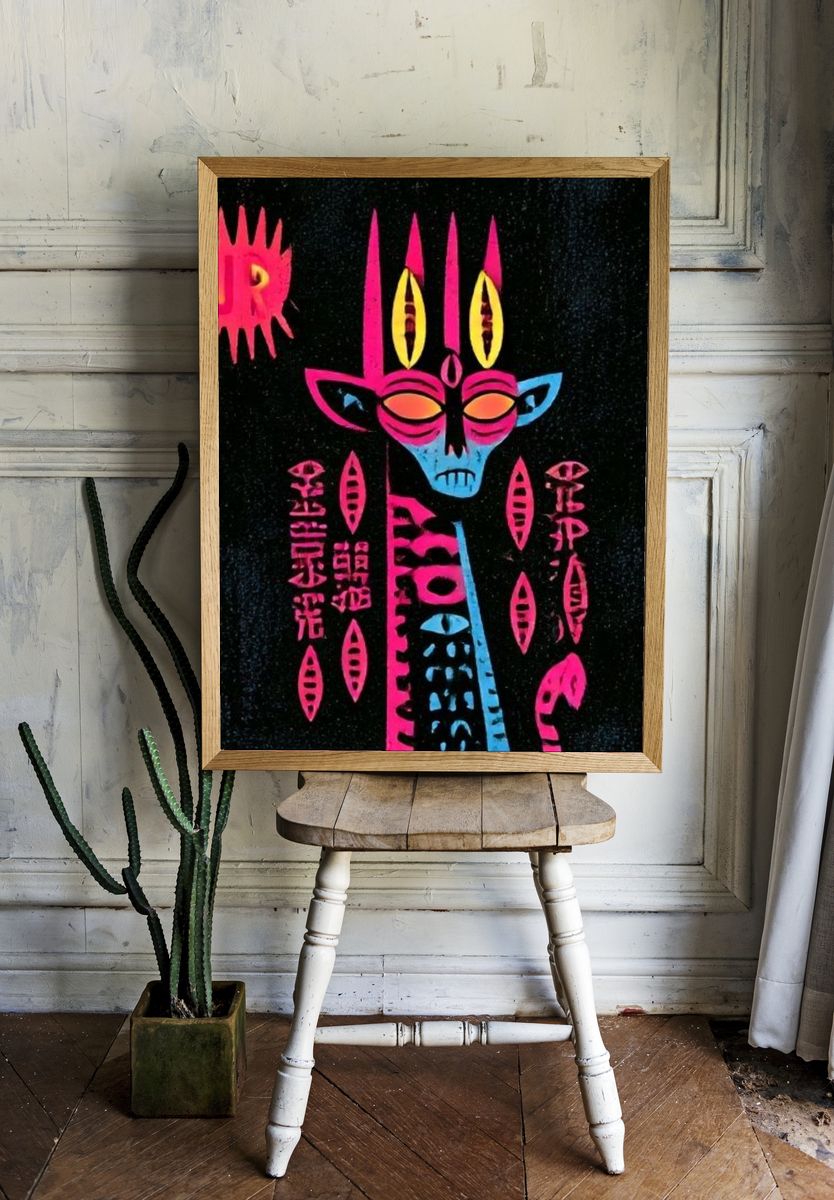 Neon Tribal Mask Typography Poster. — room view 1