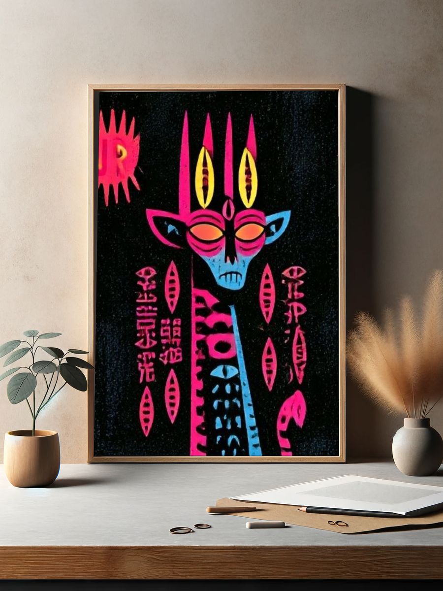 Neon Tribal Mask Typography Poster. — room view 2